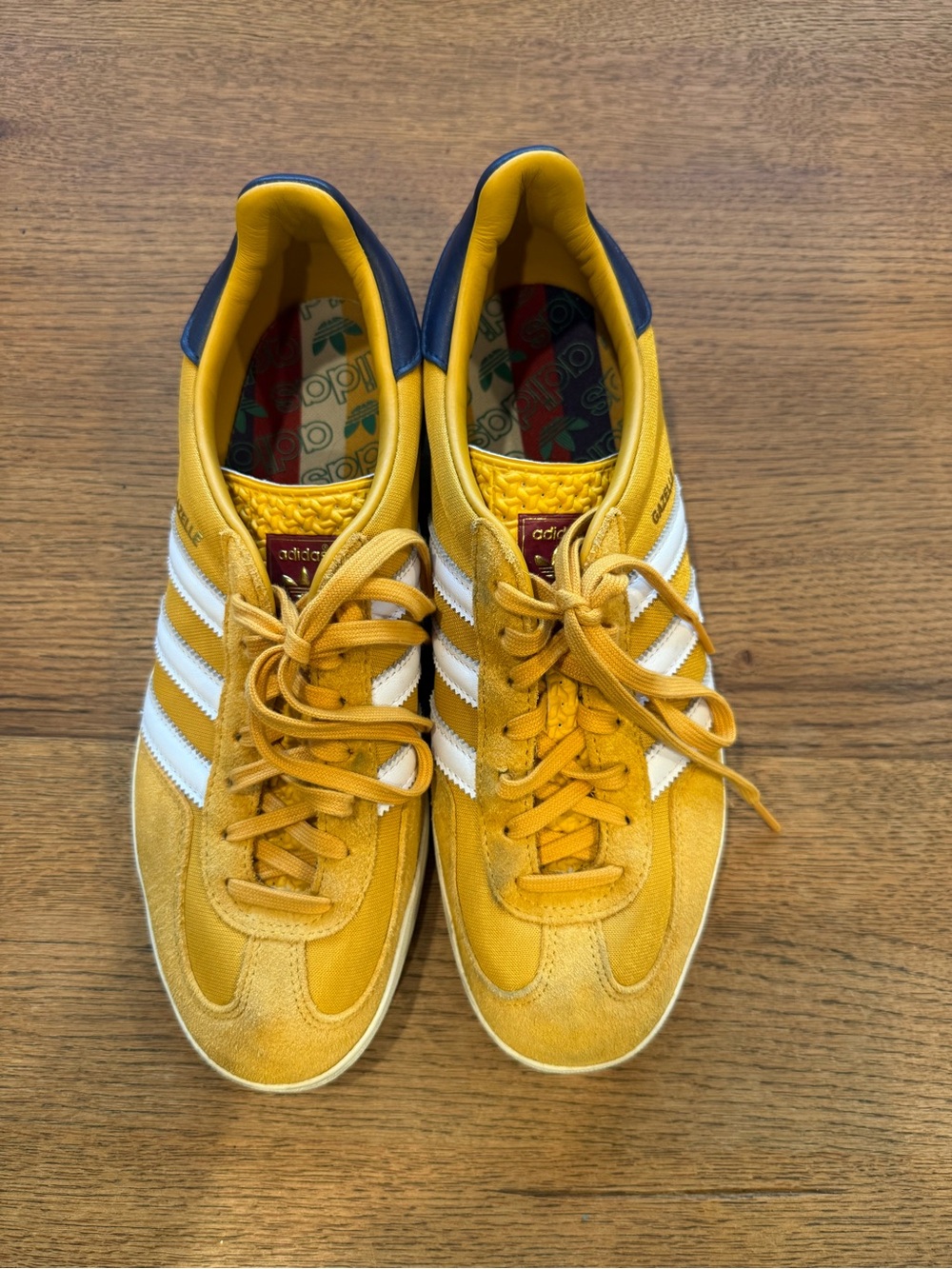 adidas Gazelle Men's Sneakers in Mustard Yellow with White Stripes and Navy Heel - Picture 5 of 12